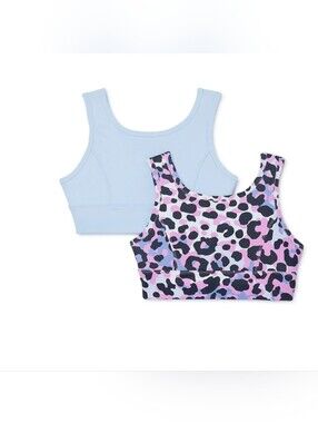 Girls Light Blue Sports Bra + Pink & Purple Leopard Print Sports Bra Duo.     14